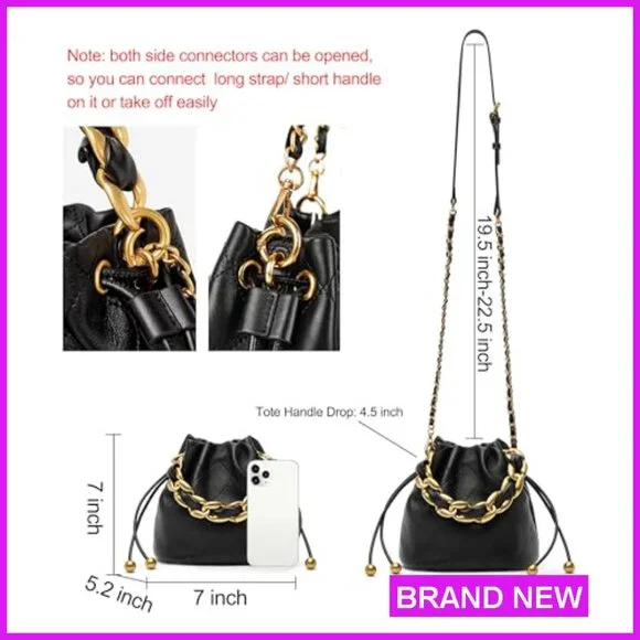 Lambskin Leather Top Handle Bucket Bag Drawstring Crossbody Purse Chunky Chain